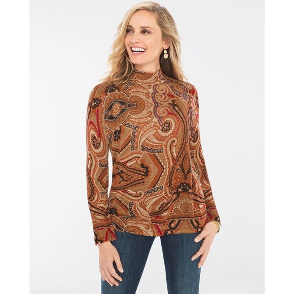 Chicos Womens Long Sleeve Paisley‎ Top Size 1 Medium Beige/Orange lightweight - Picture 2 of 5